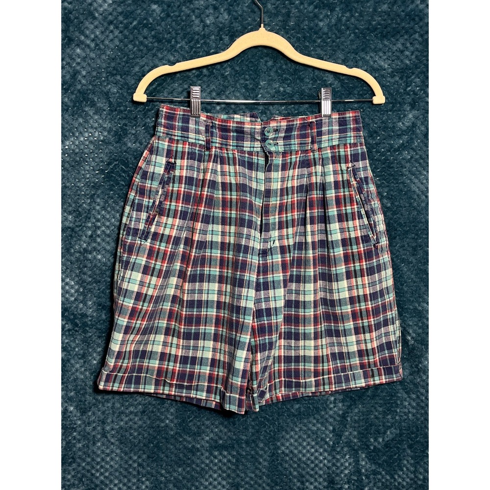 Vintage High Waisted Plaid Pleated Shorts Teal‎ Navy Red Multi Color Check